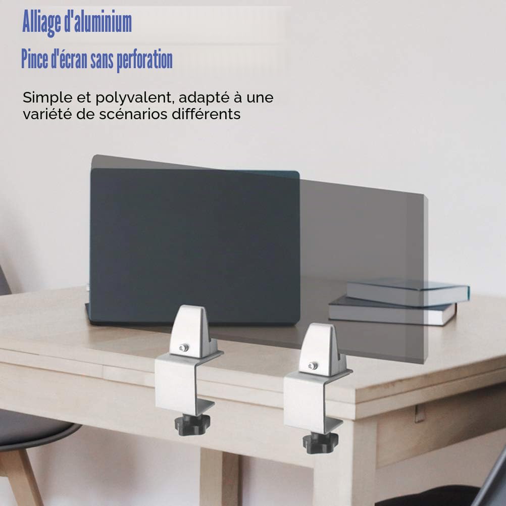N+B - Lot de 2 pinces de séparation de bureau - Pince de table multifonctionnelle en aluminium pour plexiglas - Support de confidentialité pour écran de bureau - Argenté