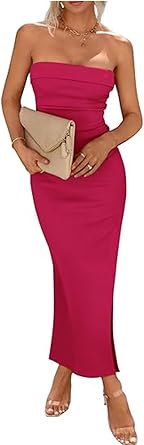 Woolicity Womens Summer Strapless Bodycon Maxi Tube Dress Split Sexy Party Club Casual Elegant Dress