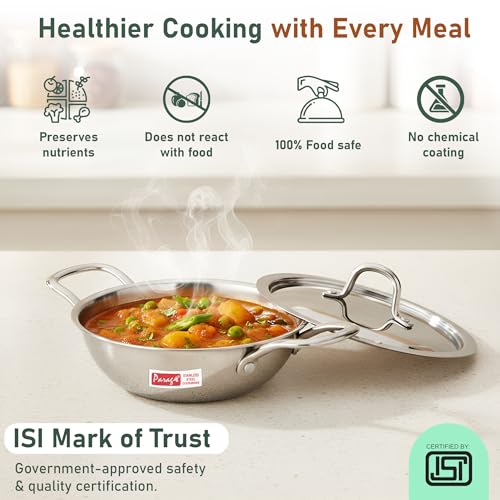 Image of Parage Tripure Tri-Ply Stainless Steel Kadai with Lid 22 cm, 1.5 LTR | ISI Mark Certified | Heavy Bottom SAS Triply Kadhai for Deep Frying & Cooking | Induction & Gas Stove Compatible, 5Years Warranty