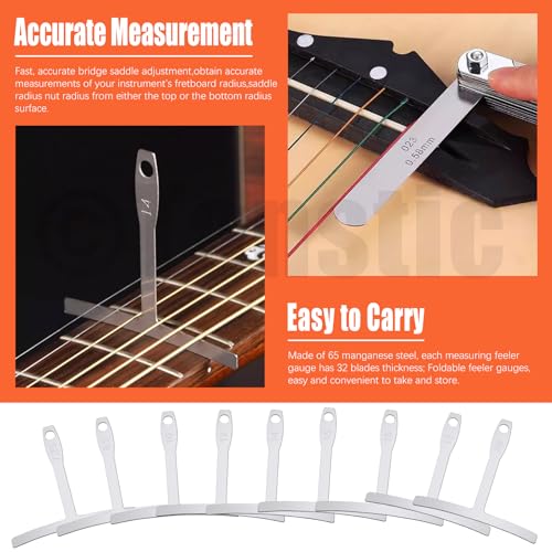 Tanstic 10Pcs Understring Radius Gauge und 32 Blades Feeler Gauge Kit, Gitarre Radius Gauge Luthier Tools für Gitarre Bass Brücke Sattel Anpassungen