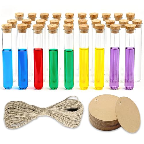 Leyrens 30 Pièces 15 x 100mm Tube à Essai avec Bouchon Liège, tubes à essai en plastique transparent de laboratoire, avec étiquette en papier kraft et corde de...