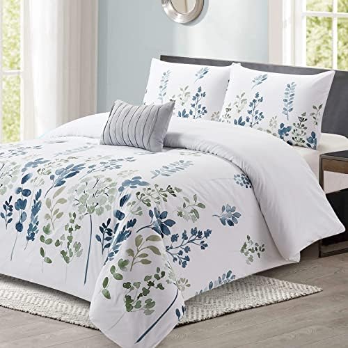 Style Quarters Comforter Set Queen Size Comforter Leaves and Flowers Watercolor Printing 100% Polyester 4pc White Bed Queen Comforter Set Include 1 Comforter 2 Pillowcases and 1 Decorative Pillow