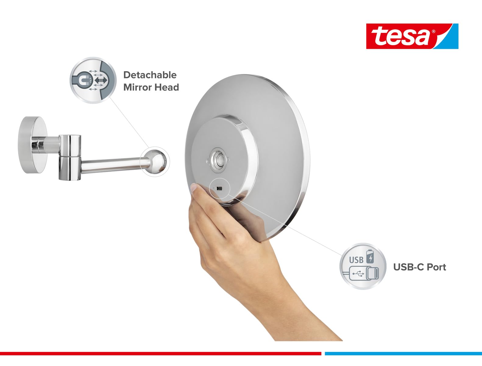 tesa VISIOON LED-Kosmetikspiegel - kabelloser Schminkspiegel mit dimmbarer Beleuchtung - Touch Control, integrierter Akku, 5-fache Vergrößerung, Gelenkarm - Wandmontage ohne Bohren - 18 cm - Chrom