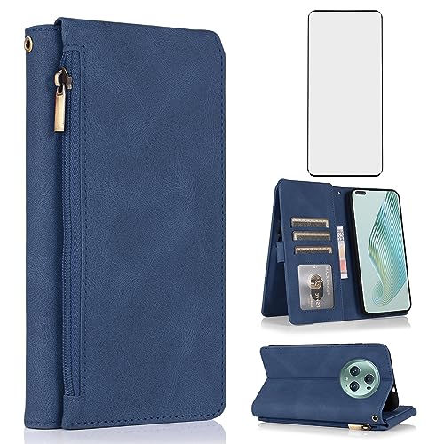 Coque en cuir rétro Honor Magic 5 Pro bleu avec porte-cartes et verre de protection haut de gamme