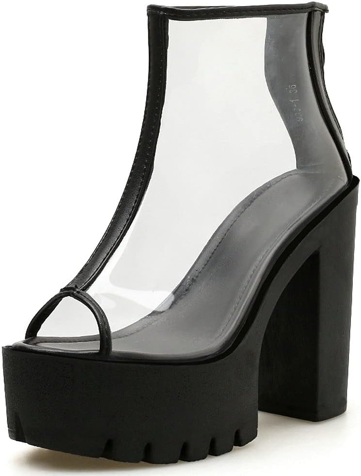KOKOMOMO Womens Clear Platform Summer Boots Chunky Heel Peep Toe Ankle Booties