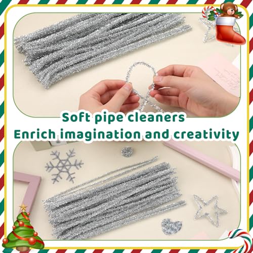 Image of Hssugi 100PCS Pipe Cleaners, Glitter Silver Chenille Stems Craft Supplies | Pipe Cleaners Craft Supplies, Glitter Pipe Cleaners Bulk Fuzzy Sticks for DIY Art and Craft Projects Home Decoration