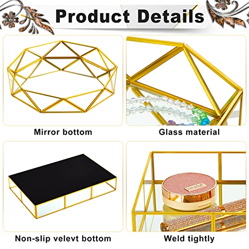 2 Pcs Gold Mirror Vanity Tray Metal Mirror Tray Rectangle Geometric Shape Perfume Organizer Cosmetic Decorative Tray Bathroom Dresser Ornate Jewelry Organizer Makeup Tray For Bedroom Home Table #TOP2