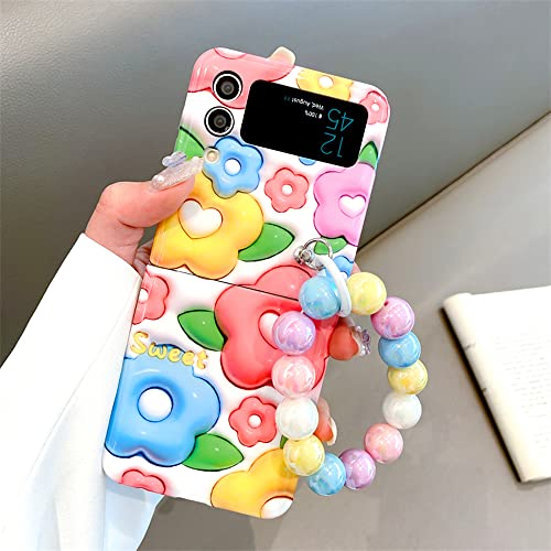 Woman Floral Case For Galaxy Z Flip 4 Beads Strap, Lovely Girly Wristband Case For Galaxy Z Flip 4 Cute 3D Flower, Kawaii Case Cover For Z Flip 4, Soft Tpu Girls Protective Case For Z Flip 4 #TOP6