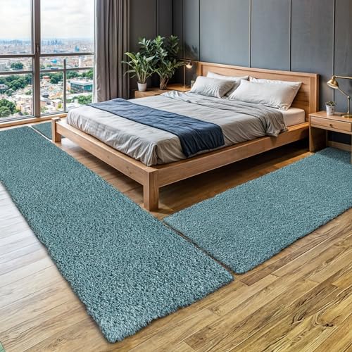 MY-RUG Bettumrandung Schlafzimmer 3teilig Teppich Hellblau - 2mal 140x70...