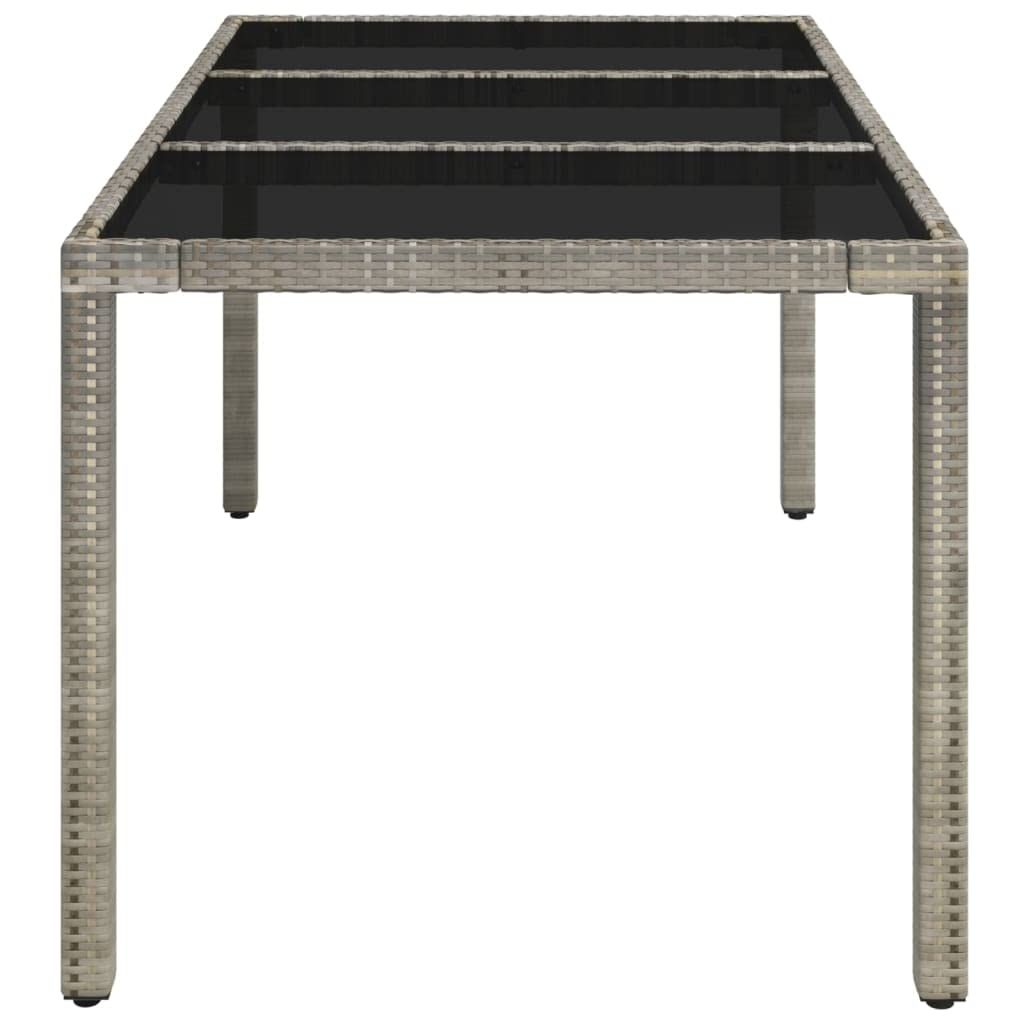 Mesa de jardín con tablero de cristal gris, 150 x 90 x 75 cm, polirratán, mesa de jardín para terraza con marco de acero pulverizado y placa de cristal duro, fácil de limpiar y resistente al