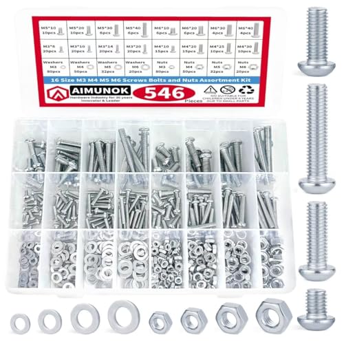 AIMUNOK 546pcs Nuts and Bolts Assortment Kit - Phillips Drive, Metric Sizes - Ideal for DIY, Household, and More - Galvanized Carbon Steel Hardware