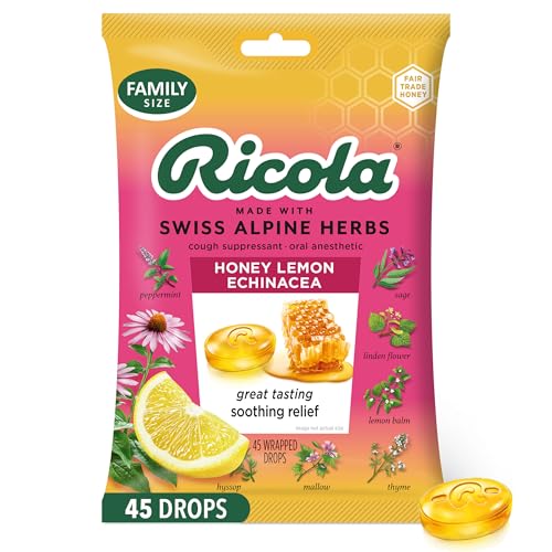 Ricola Honey Lemon with Echinacea Cough Drops, 45 Count, Delicious Throat Relief & Care, Oral Anesthetic, Naturally Flavored
