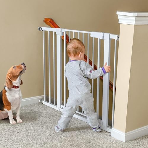 2-in-1 Extra Breite Treppe Und Flur Walk ThroughBaby Sicherheitstor,Auto Close Safety Dog Gate,Abschließbares Baby Sicherheitstor (Color : White, Size : 75-82CM+Extension 77CM)