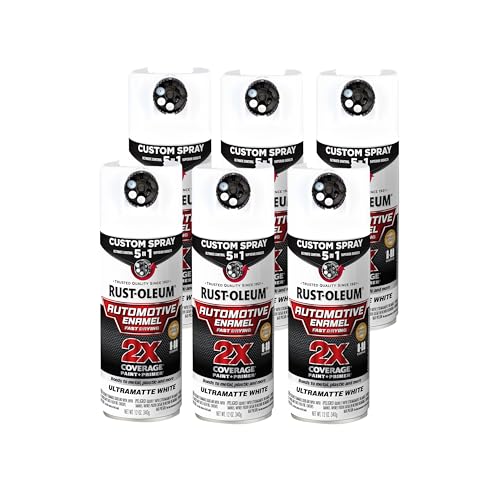 Image of Rust-Oleum 2X Automotive Enamel 5-in-1 Spray Paint, Ultra Matte White | Fast Dry, Adjustable Custom Spray Dial, Multi Surface (Metal, Wood, Plastic and More), Any Angle, Ultimate Coverage, 6 Pack