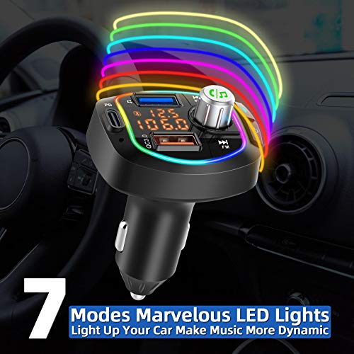 Bluetooth FM Transmitter for Car BT 5.0 Wireless Stereo Audio Adapter Hands-Free Call Kit Radio Music Player Receiver 36W PD & QC3.0 Smart Charge Type-C USB TF Compatible LCD Dual Display RGB Light
