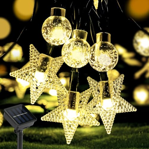 vsshe Guirnaldas Luces Exterior Solares, 7M 50 Calido Estrella y Esfera LED Guirnaldas Luces Solar, 8 Modos Función Memoria, IP65 Impermeable para Decorar Jardines, Terrazas, Fiestas, Navidad（7M）