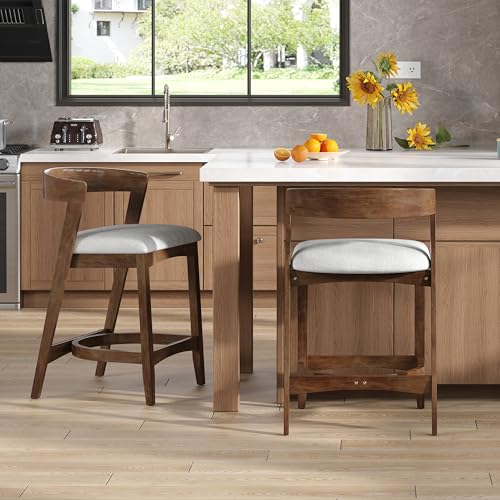 Christopher Knight Home Elsie Upholstered Counter Height Bar Stools Set of 2, Fabric Round Bar Stool for Kitchen Island, Counter Stool with Footrest, Wooden Dining Chair with Curved Backrest, Walnut by Christopher Knight Home - Used condition - US$109.99