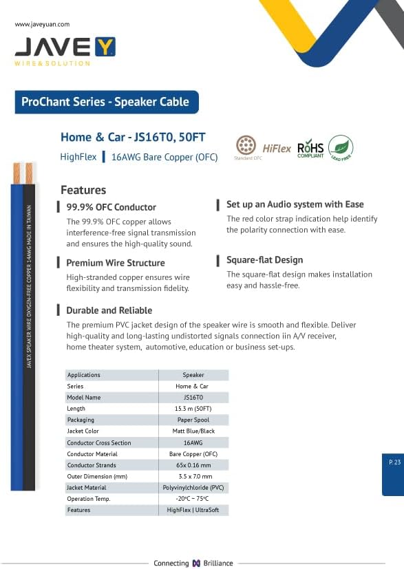 JAVEX 14 AWG Audio Speaker Wire Cable (100 FT), [OFC Oxygen-Free Copper] Thin Flat Cable for Automotive Car Stereo Audio, HI-FI Stereo, Home Theater, Blue/Black