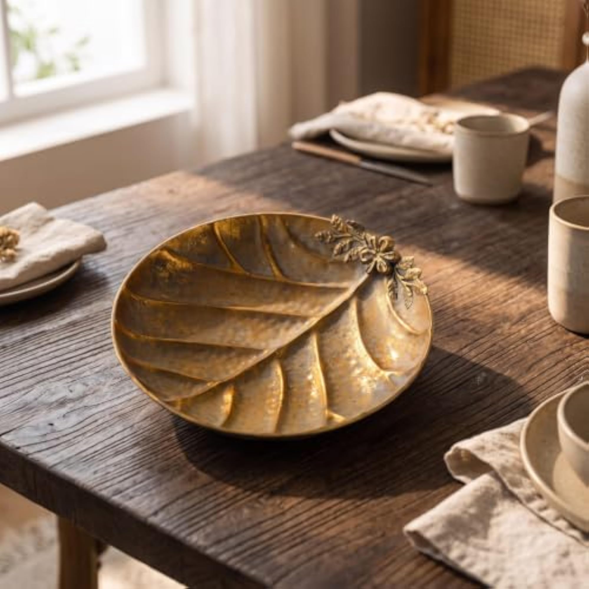 Antique Gold Decorative Tray with Leaf Design