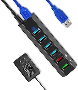 USB Hub, Aiibe 6 Ports Super High Speed USB 3.0 Hub Splitter + 24W Power Adapter + USB 3.0 Cable, Black Smart Fast Charger Powered USB Hub for Laptop, Mac, PC, Mobile HDD, Mulitple Devices