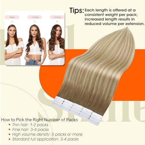 Image of Full Shine Human Hair Tape in Extensions Double Sided Tape in Hair Extensions Color 6 /27 /60 Brown And Blonde Invisible Remy Skin Weft 22Inch Long Silky Straight for Women 100Gram 40Pcs