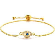 Dainty Evil Eye Necklace & Bracelet Set for Women,Blue CZ Ojo Turco, Adjustable Protection Amulet Gift