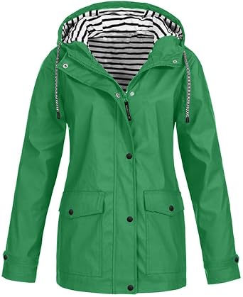 Rain Jacket Women Waterproof Trendy Hooded Striped Lined Long Sleeve Raincoats Casual Lightweight Outdoor Trench Coat