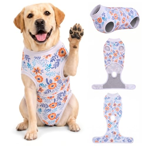 Image of PetWarm Post Surgery Dog Onesie, Onesies for Dogs, Bodysuit for Abdominal Affected Areas Sensitive Skin Areas, Dog Cone Alternative After Surgery, Flower Pattern, Orange, 2XL