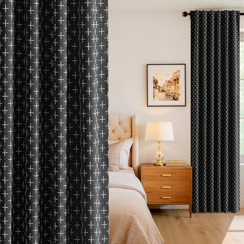 MIULEE 100% Blackout Decorative Linen Curtains with Geometric Pattern, Thick Woven Farmhouse Rustic Patterned Drapes with Back Tab for Bedroom and Living Room, Black, 52 x 84 Inches, 2 Panels