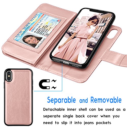 Tekcoo For Iphone Xs Case/Iphone X Wallet Case, Luxury [Rose Gold] License Cash Credit Card Slots Holder Purse Carrying Pu Leather Flip Cover [Detachable Magnetic Hard Case] & Kickstand + Lanyard #TOP2