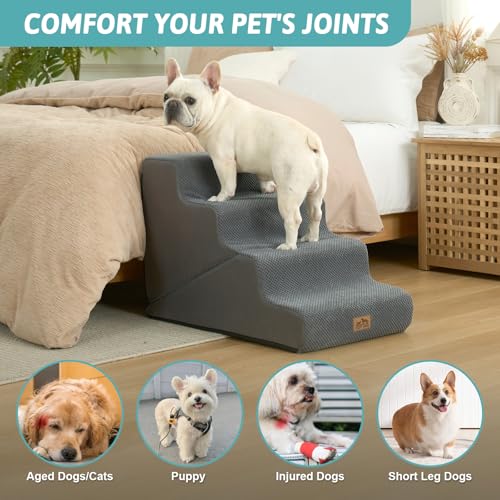 Image of COZY KISS Dog Stairs for Small Dogs, 4-Step 2-in-1 Dog Steps,19.7 inch H | 4-step dog stairs and ramps for Old Cats, Puppy, Small Dogs,Non-Slip Base,for Couch & Bed, Grey