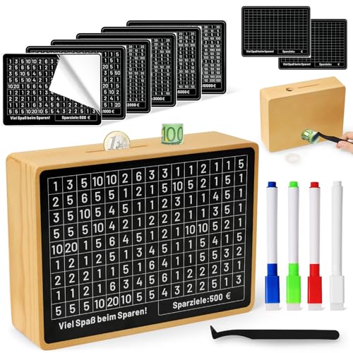 Yokuni Tirelire en Bois, Tirelire Japonaise Réutilisable avec Marqueur, Money Box 500€ 1,000€ 2,000€ 3,000€ 5,000€ 10,000€