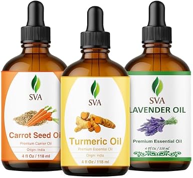 SVA Turmeric, Carrot Seed, and Lavender Oil 4 oz Bundle Super Saver Combo Premium Grade Value Set for Hair Oiling, Scalp Massage, Hair Care, Skin Care and Body Massage