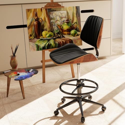 Image of Drafting Home Office Chair, Swivel Desk Chair with Bend Wood Backrest, Ergonomic Office Chairs with Adjustable Height and Footrest Ring for Bar Lab Counter Height Desk and Drawing (Blcak)