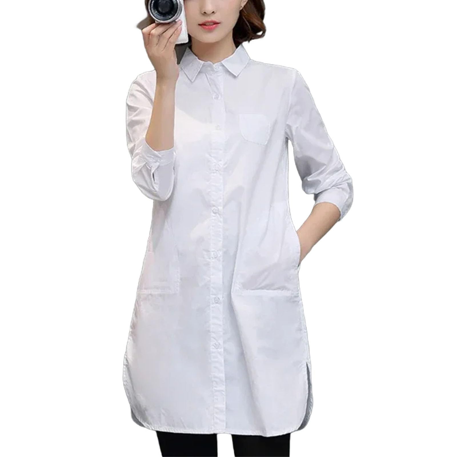 Camicette lunghe da donna in cotone bianco con tasche camicia casual con bottoni tinta unita camicette top