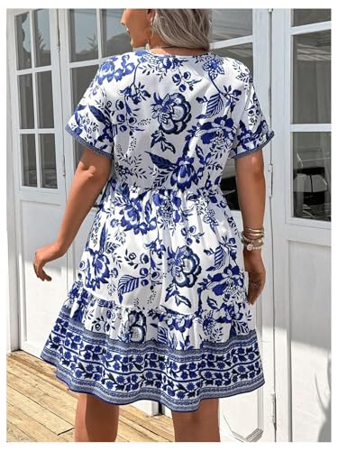 Image of Floerns Women's Plus Size Summer Vacation Wrap V Neck Short Sleeve Ruffle Hem A Line Hawaiian Short Dress