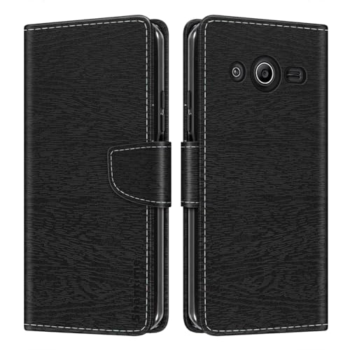 Custodia in Pelle PU a Righe Compatibile con Samsung Galaxy Core 2 G355H, Cover Portafoglio con Chiusura Magnetica, Scomparti Carte e Funzione Stand (Nero)
