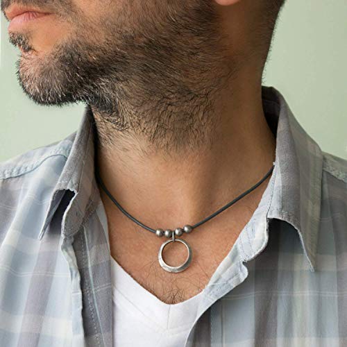 Men's Necklace, Gray Genuine Leather Choker and Silver Plated Round Pendant, Handmade Geometric Tribal Jewelry for Guys by Magoo