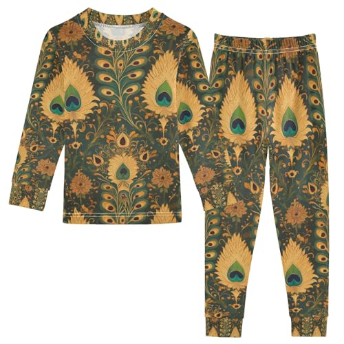 senya Peacock Feather Gold Pajamas Set Long Sleeve Soft Cotton Sleepwear 2 Piece