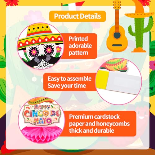 Image of 9 Pieces Cinco de Mayo Festival Honeycomb Centerpieces Table Decor, Mexican Fiesta Vibrant Cactus, Pinata, Taco and Sombrero Pattern Table Topper Ornaments Signs, Holiday Party Decorations