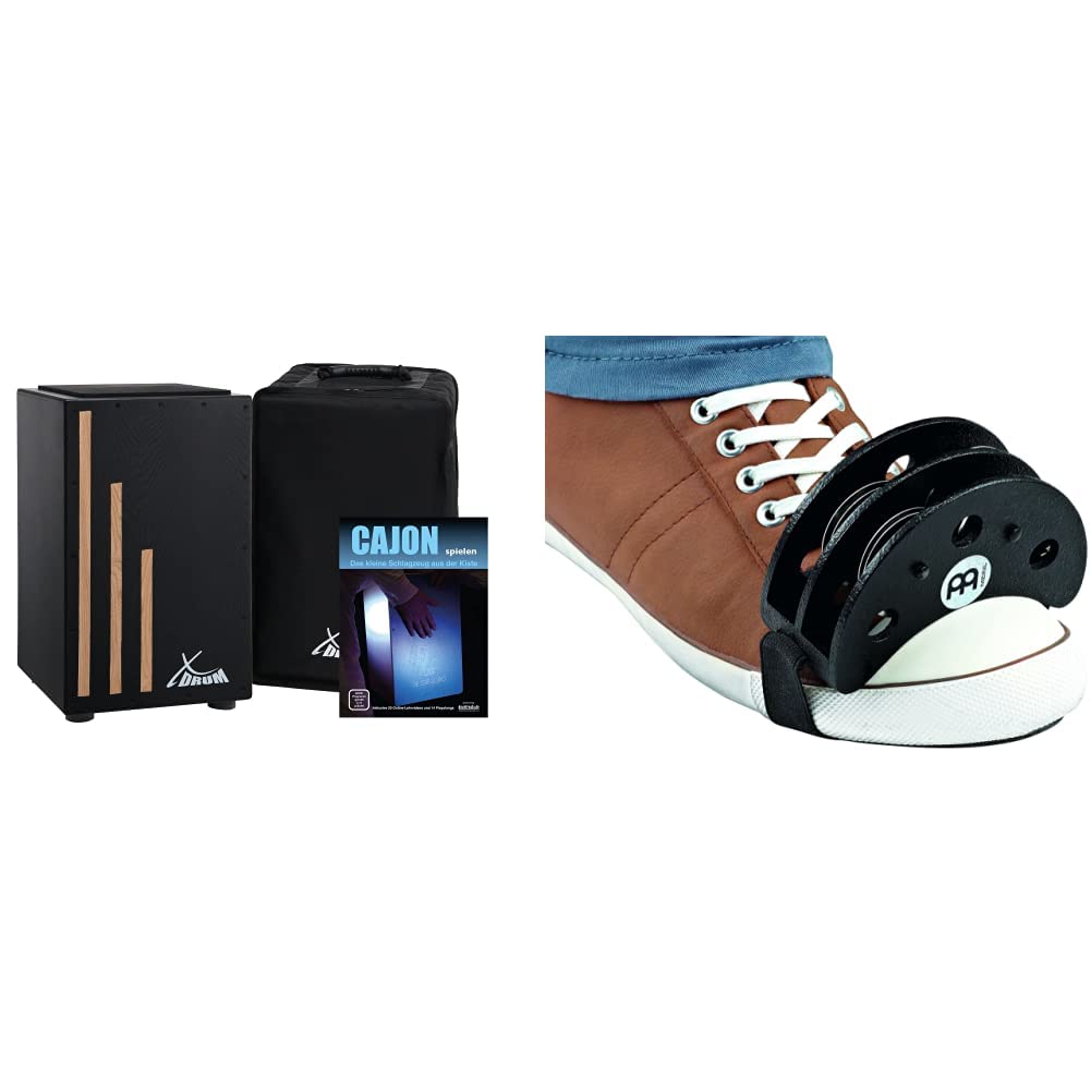 XDrum Cajon Primero Negra - Kistentrommel inkl. Rucksacktasche und Schule - Trommelkiste mit Snare Sound & Meinl Percussion Foot Tambourine - Stahl-Schellen, Siam Eiche, Schwarz (FJS2S-BK)