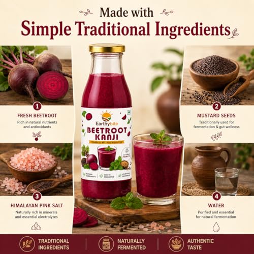 Image of Earthy Bite Beetroot Kanji 250ml | Perfect Natural Fermented Drink | Made with Mustard Seeds Himalayan Pink Salt and Water | Gut Friendly | No Preservatives or Artificial Additives