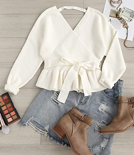ZESICA Women's Fall 2025 Wrap V Neck Long Batwing Sleeve Belted Waist Ruffle Knitted Sweater Pullover Top4