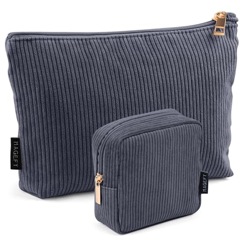 Image of MAGEFY Small Makeup Bag, 2 Pcs Corduroy Makeup Bag for Purse Make Up Organizer Bag Mini Pouch with Slip-in Pockets Aesthetic Preppy Stuff - Black