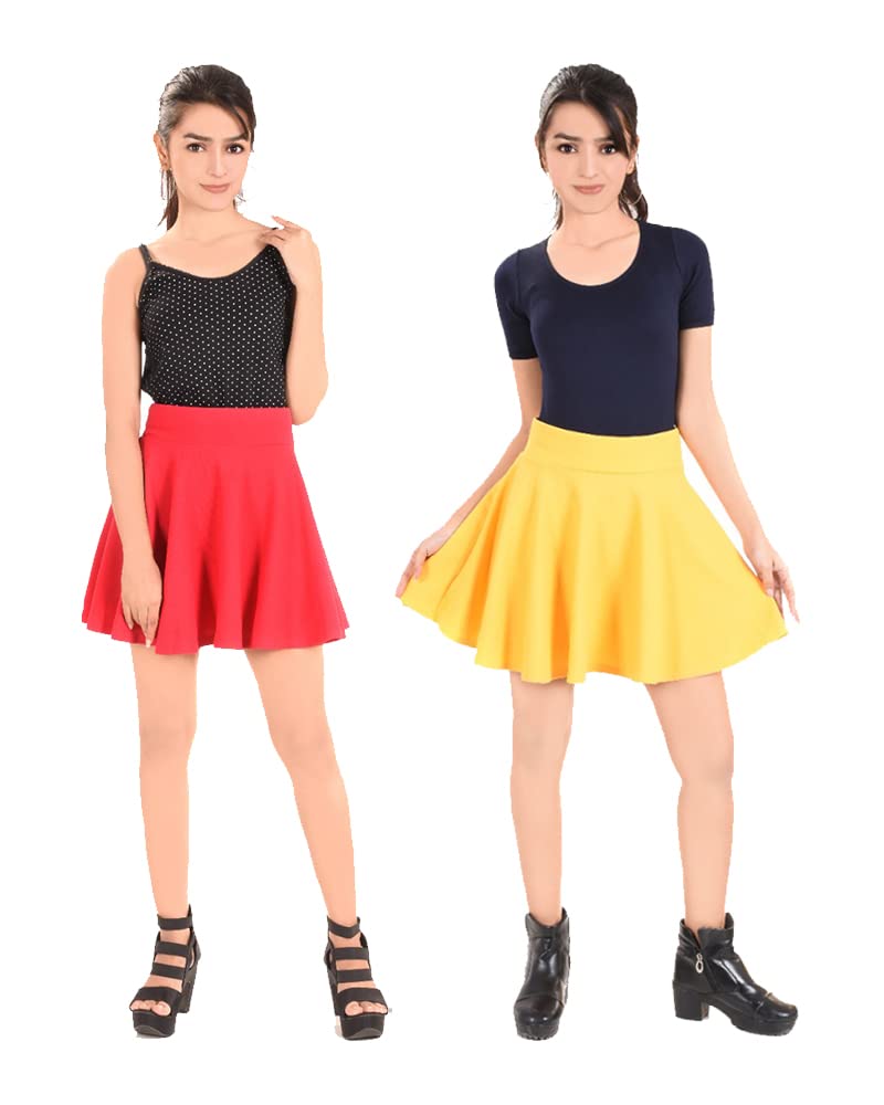 VAU FASHION Women's & Girls' Solid High Waist Flared Skater Short Mini Skirt | Mini Skater Skirt | Trendy Mini Skirt Skater | Combo of Two Skirt (Meganta and Yellow)