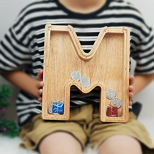 Image of Piggy Bank for Kids Boys Girls, Large Personalized Wooden Letter Piggy Bank with Cut-Out Design, Alphabet Letter Coin Banks, Money Savings Box, Wooden Bank for Kids Creative Gift for Real-Money(M)