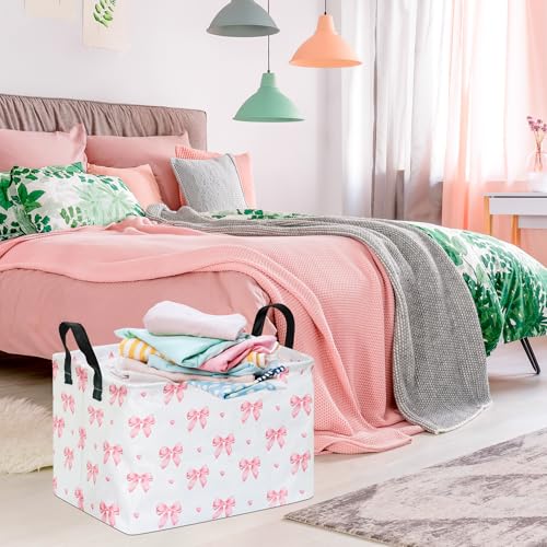 Image of Pink Bow Canvas Storage Basket Waterproof Laundry Hamper with Leather Handles Collapsible Decorative Bin for Girls Bedroom Toys Clothes Gift Giving
