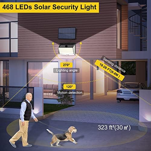 Solar Lights Outdoor, 468 LED Solar Motion Sensor Security Light, 270° Wide Angle Solar Powered Wall Lights, IP65 Waterproof 3 Modes PIR Solar Flood Lights for Garden Door Yard Garage Fence (2 Pack)