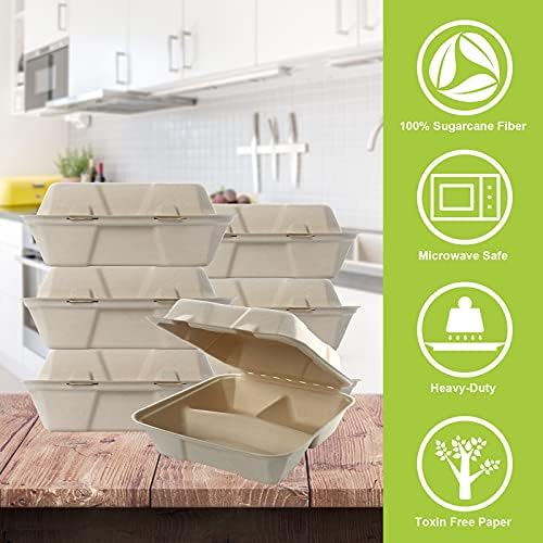 CVIUYO 20Pack Flip-Top Bagasse 3 Compartment Takeout Container, Heavy Duty Eco-Friendly Takeout Box, All Natural 100% Compostable Organic Takeout Burger Box (8" x 8" x 3")