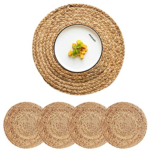 Image of Round Woven Placemats Set of 4, Natural Water Hyacinth Place mats, 13.5 Inch Rattan Placemats Wicker Placemats Farmhouse Boho Braided Heat Resistant Outdoor Placemat Patio Table Place Mats
